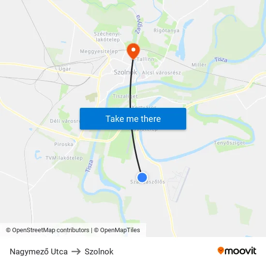 Nagymező Utca to Szolnok map