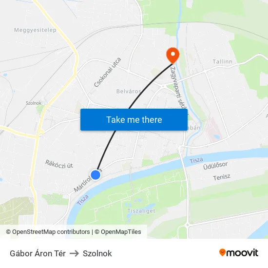 Gábor Áron Tér to Szolnok map