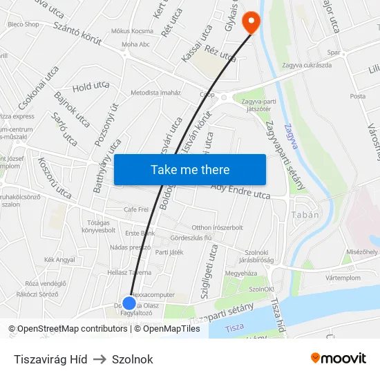 Tiszavirág Híd to Szolnok map