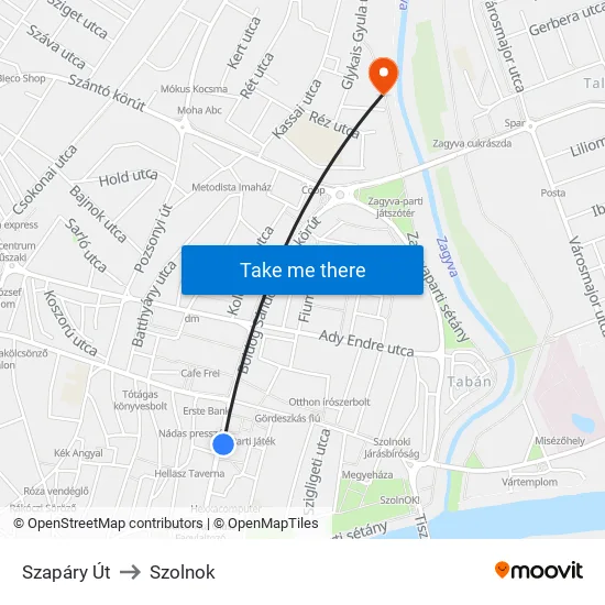 Szapáry Út to Szolnok map