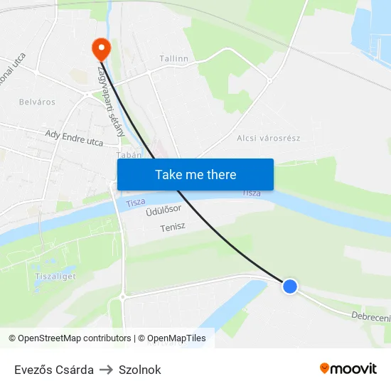 Evezős Csárda to Szolnok map