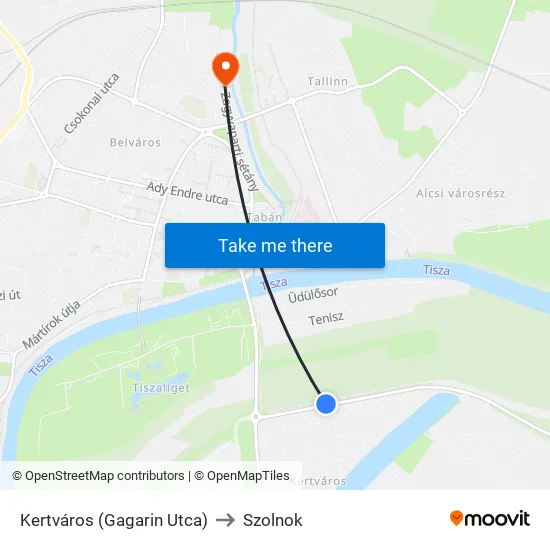 Kertváros (Gagarin Utca) to Szolnok map