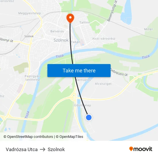 Vadrózsa Utca to Szolnok map