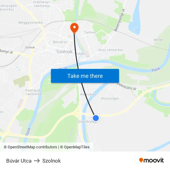 Búvár Utca to Szolnok map