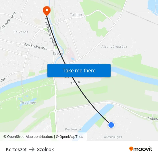 Kertészet to Szolnok map