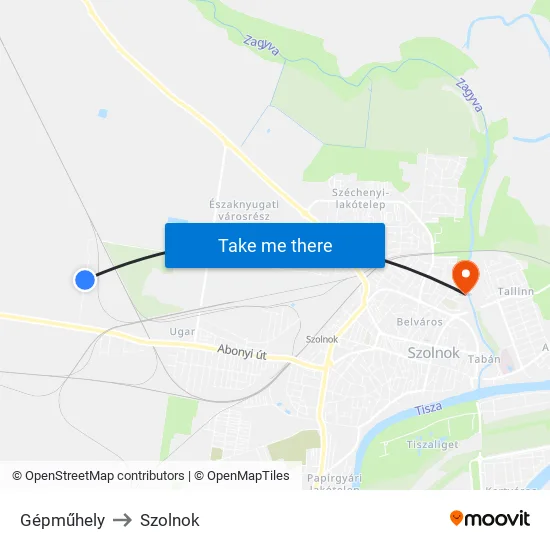 Gépműhely to Szolnok map