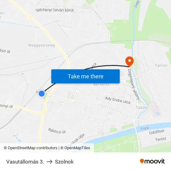 Vasutállomás 3. to Szolnok map