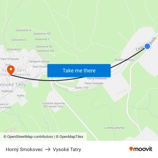 Horný Smokovec to Vysoké Tatry map