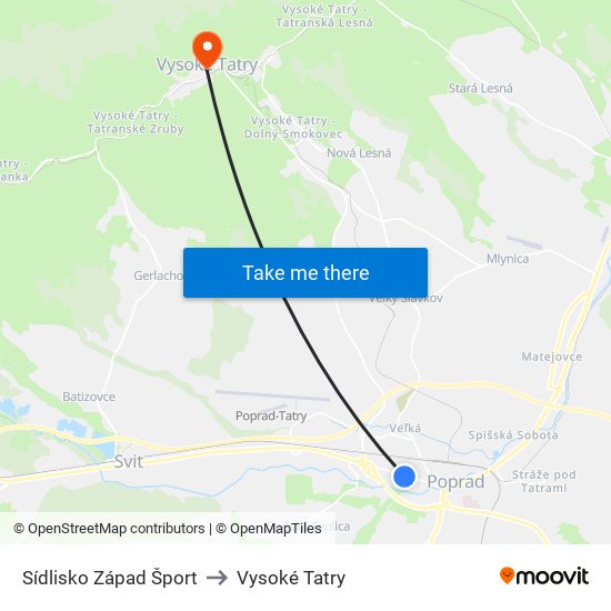 Sídlisko Západ Šport to Vysoké Tatry map