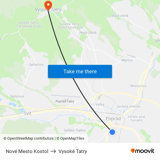 Nové Mesto Kostol to Vysoké Tatry map