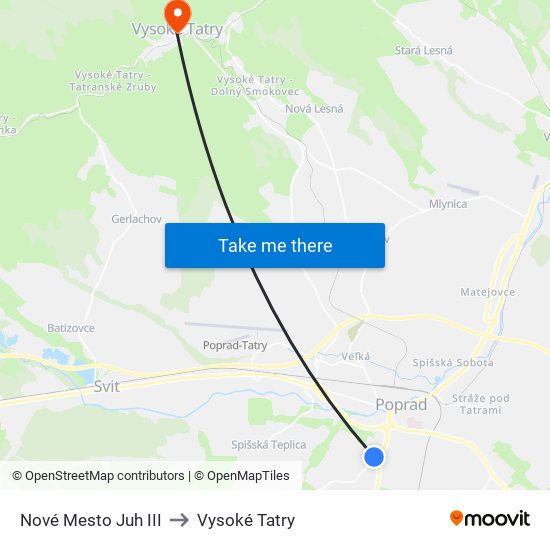 Nové Mesto Juh III to Vysoké Tatry map