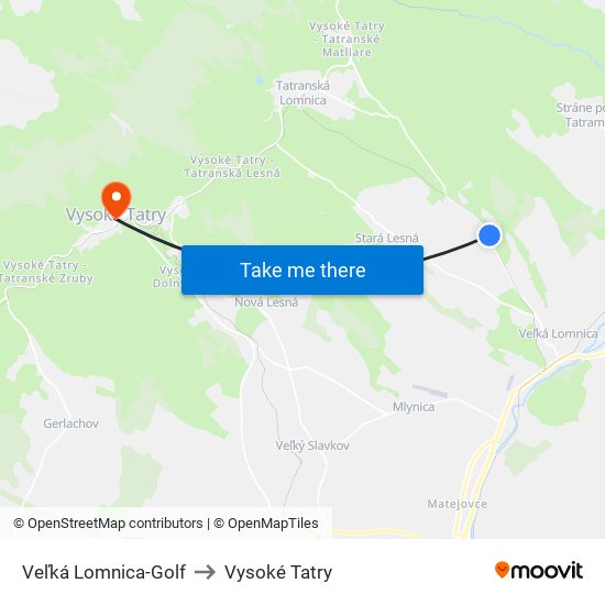 Veľká Lomnica-Golf to Vysoké Tatry map