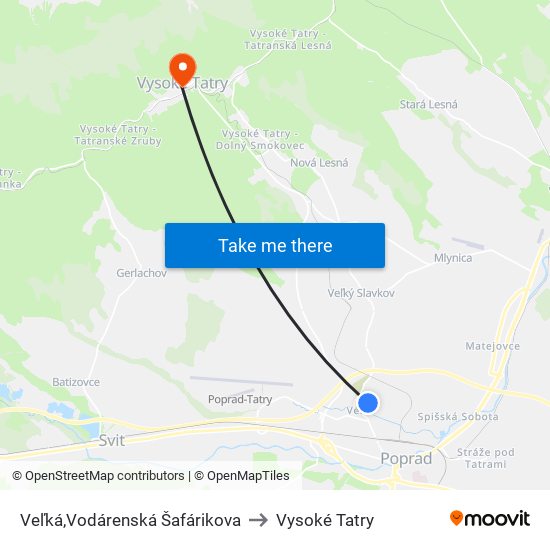 Veľká,Vodárenská Šafárikova to Vysoké Tatry map