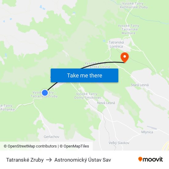 Tatranské Zruby to Astronomický Ústav Sav map