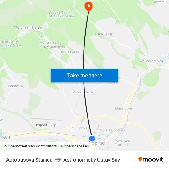 Autobusová Stanica to Astronomický Ústav Sav map