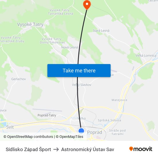 Sídlisko Západ Šport to Astronomický Ústav Sav map