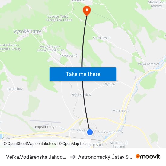 Veľká,Vodárenská Jahodná to Astronomický Ústav Sav map