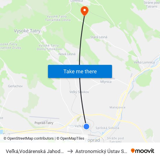 Veľká,Vodárenská Jahodná to Astronomický Ústav Sav map