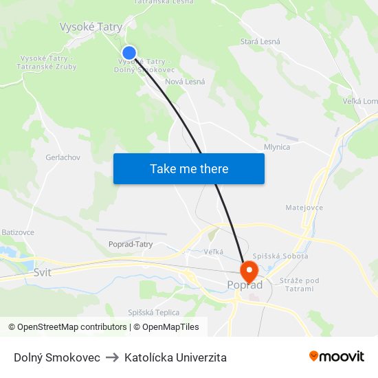 Dolný Smokovec to Katolícka Univerzita map