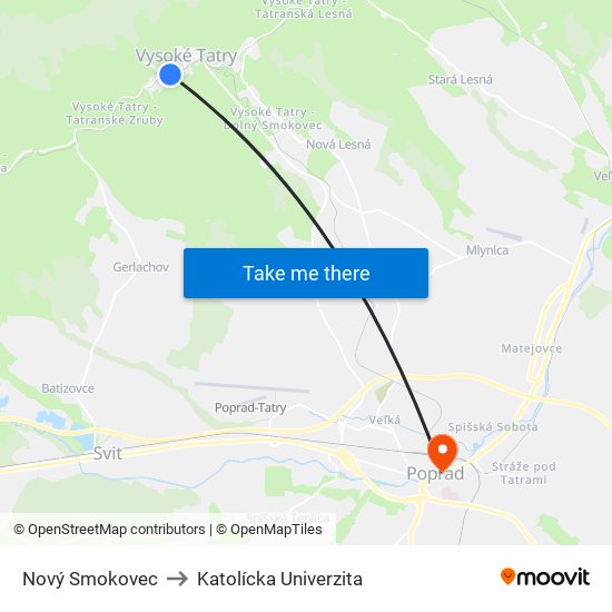 Nový Smokovec to Katolícka Univerzita map