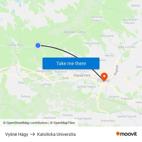 Vyšné Hágy to Katolícka Univerzita map