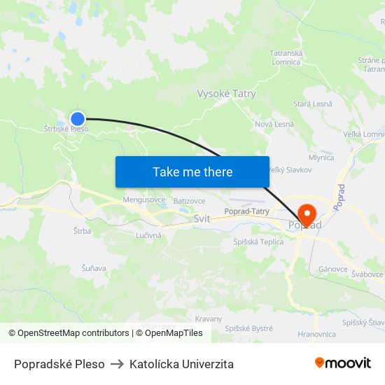 Popradské Pleso to Katolícka Univerzita map