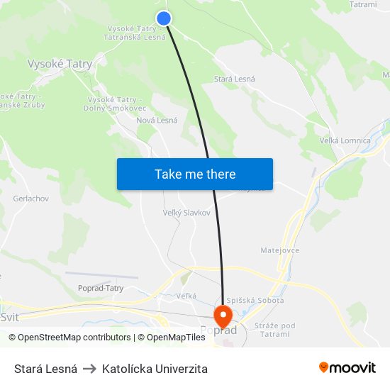 Stará Lesná to Katolícka Univerzita map