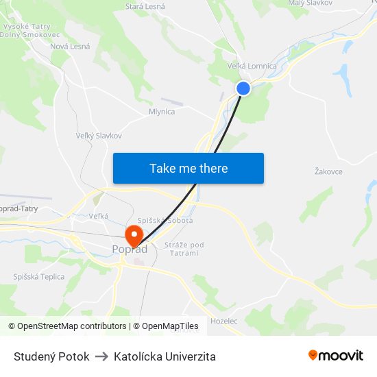 Studený Potok to Katolícka Univerzita map