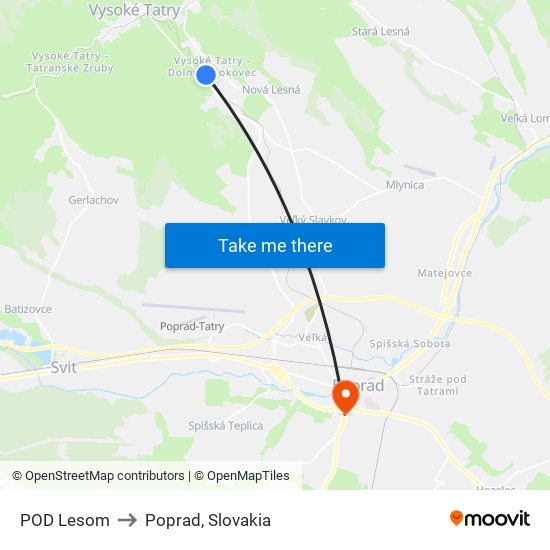 POD Lesom to Poprad, Slovakia map