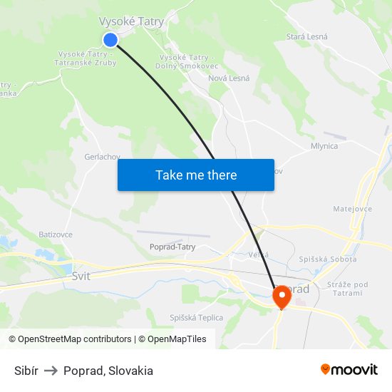 Sibír to Poprad, Slovakia map