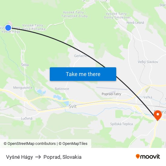 Vyšné Hágy to Poprad, Slovakia map