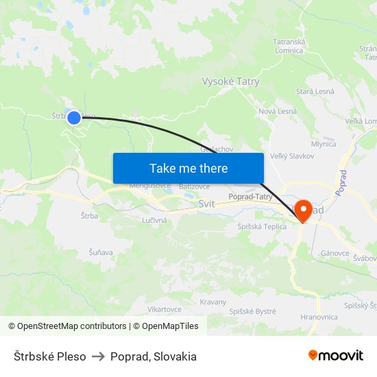 Štrbské Pleso to Poprad, Slovakia map