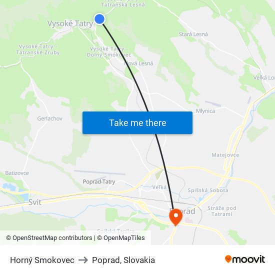Horný Smokovec to Poprad, Slovakia map