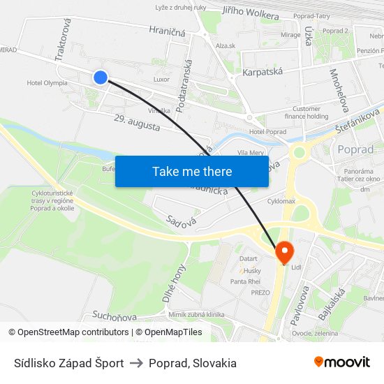 Sídlisko Západ Šport to Poprad, Slovakia map