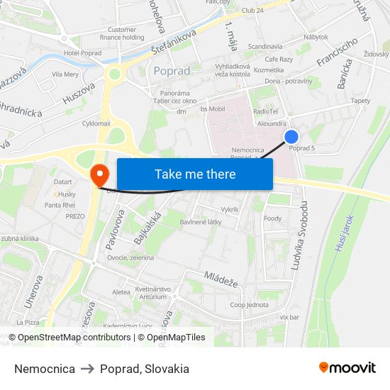 Nemocnica to Poprad, Slovakia map