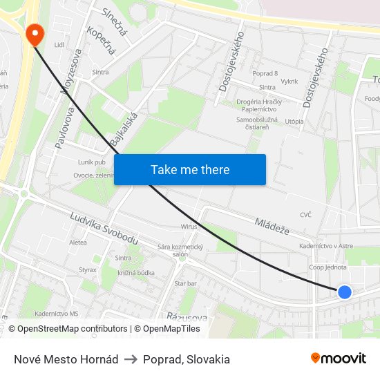 Nové Mesto Hornád to Poprad, Slovakia map