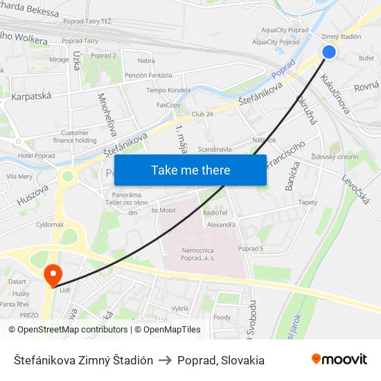 Štefánikova Zimný Štadión to Poprad, Slovakia map