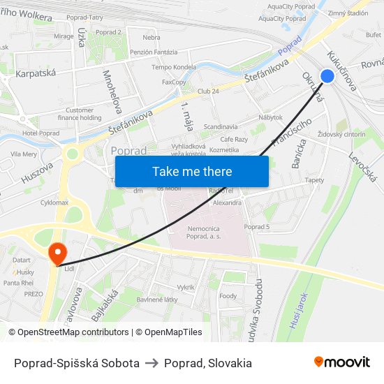 Poprad-Spišská Sobota to Poprad, Slovakia map