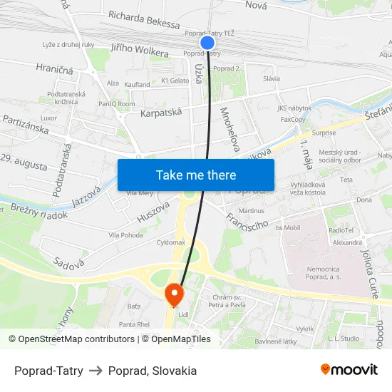 Poprad-Tatry to Poprad, Slovakia map