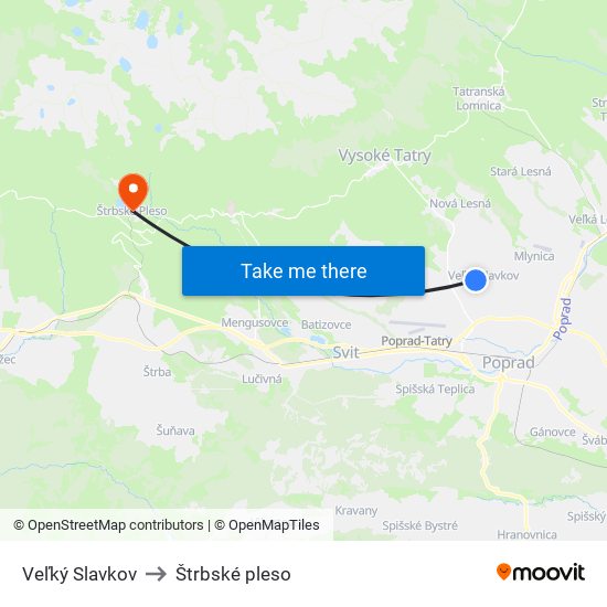 Veľký Slavkov to Štrbské pleso map