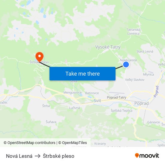 Nová Lesná to Štrbské pleso map