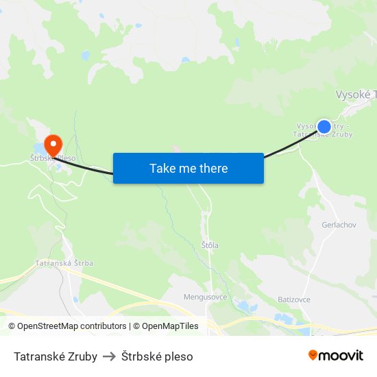 Tatranské Zruby to Štrbské pleso map