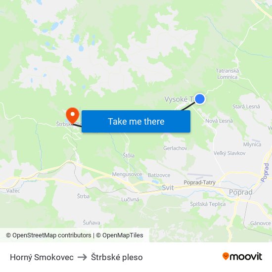 Horný Smokovec to Štrbské pleso map