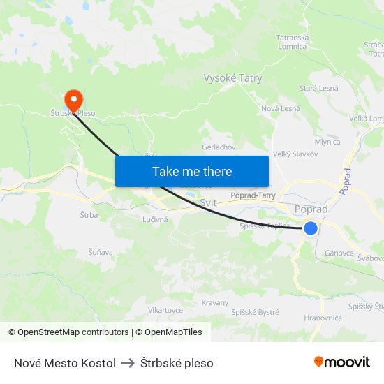 Nové Mesto Kostol to Štrbské pleso map