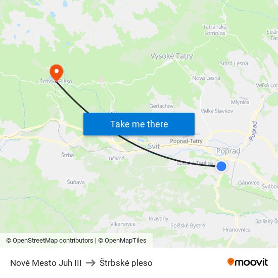 Nové Mesto Juh III to Štrbské pleso map