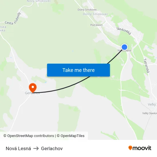 Nová Lesná to Gerlachov map