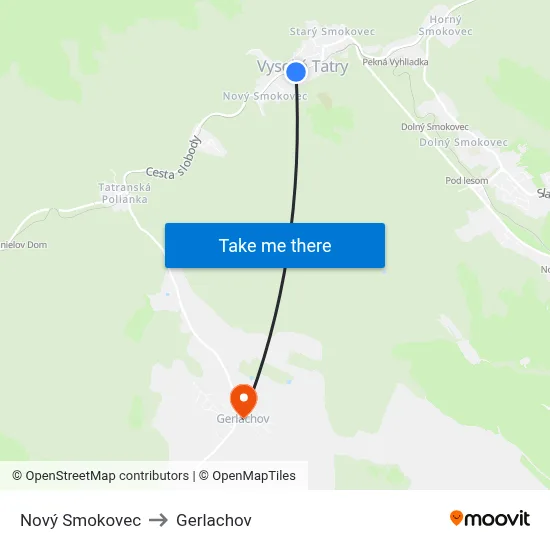 Nový Smokovec to Gerlachov map