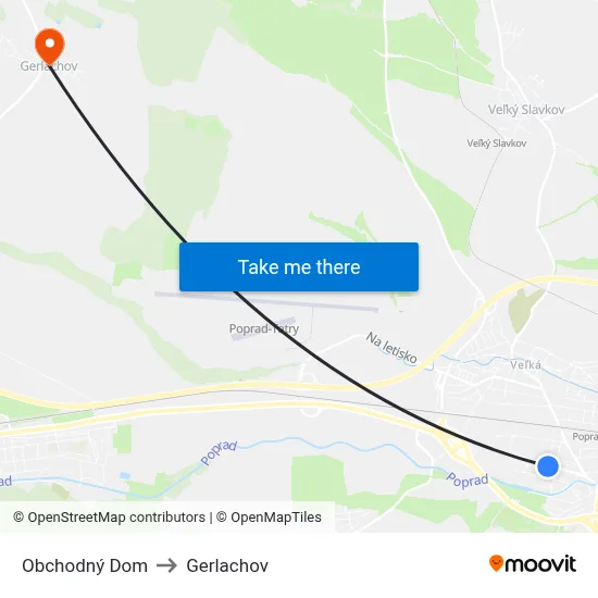 Obchodný Dom to Gerlachov map