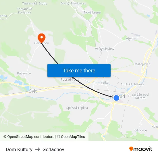 Dom Kultúry to Gerlachov map