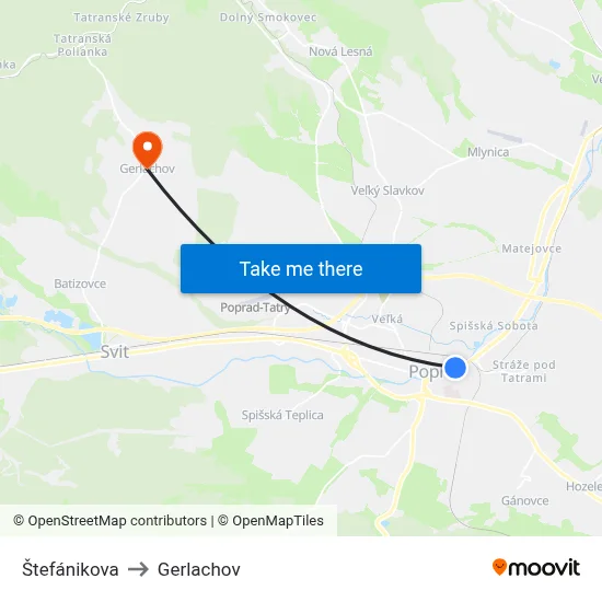 Štefánikova to Gerlachov map